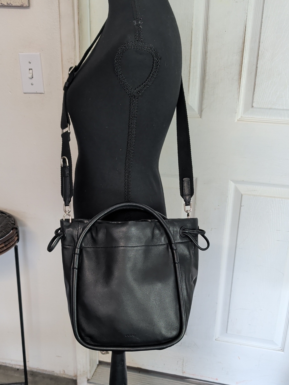 Ecco Leather Drawstring Crossbody Leather Black Bag